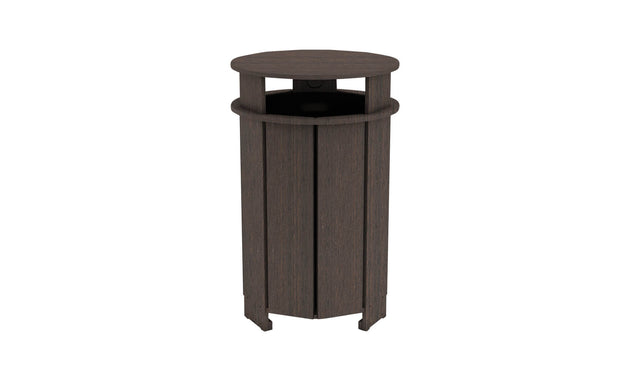 The Mainstay Trash Bin by Ledge Lounger is a dark brown, cylindrical patio trash can with vertical slats and an open top. Made from UV stable materials, it features a sleek design, perfect for outdoor or public spaces.
