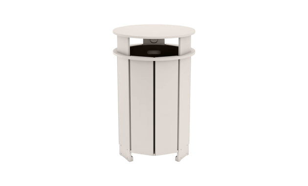 The Mainstay Trash Bin by Ledge Lounger is a tall, cylindrical ashtray featuring a light beige finish and UV stable materials. Its circular top and vertical grooves offer a modern design, perfect for outdoor or public spaces as a patio trash can complement.