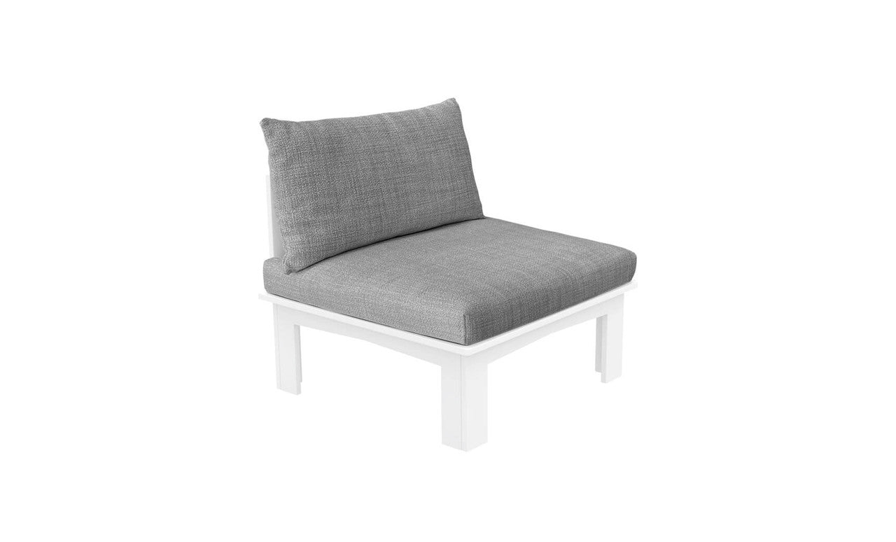 The Mainstay Sectional Relaxed Middle by Ledge Lounger is a gray cushioned chair with a simple design, featuring a square backrest and seat. Its white minimalistic frame complements the pre-assembled base for a modern look. It is presented on a plain white background.