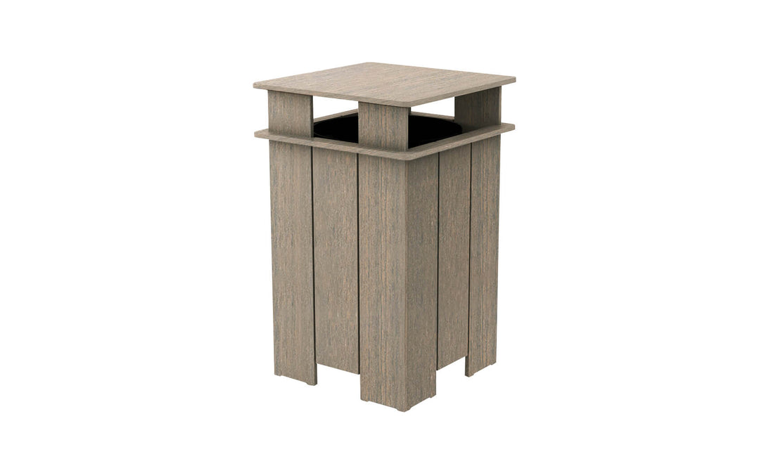 The Ledge Lounger Mainstay Trash Bin is a tall, square patio trash can with four vertical panels and an open top in a rustic gray finish. Made from UV-stable materials, its designed to be durable and withstand the elements for any outdoor space.