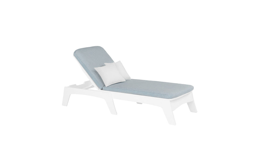 The Ledge Lounger Mainstay Chaise Cushion is a modern outdoor lounge featuring a light blue cushion, white frame, adjustable backrest for full-body comfort, and two small white pillows, all enhanced by a plain white background for easy customization.