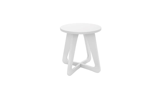 The Ledge Lounger Mainstay Stool features a minimalist white design with a round seat and three triangular legs against a plain backdrop. This sleek piece is perfect for patios, effortlessly enhancing any outdoor scene with its elegant style.