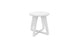 The Ledge Lounger Mainstay Stool features a minimalist white design with a round seat and three triangular legs against a plain backdrop. This sleek piece is perfect for patios, effortlessly enhancing any outdoor scene with its elegant style.