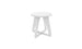 The Ledge Lounger Mainstay Stool is a small, modern white side table with a round top and geometric intersecting legs, ideal as a chic patio stool or accent piece. Shown on a plain white background.