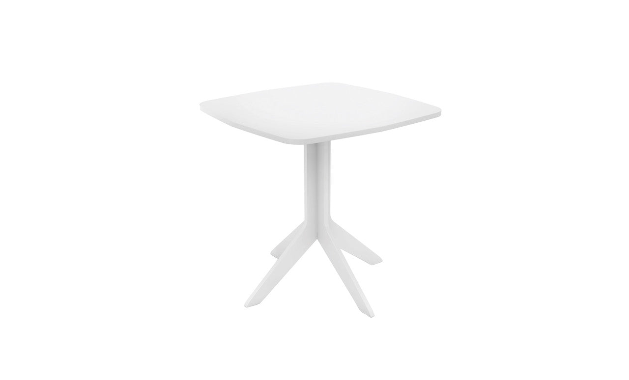 The Mainstay Square Bistro Table by Ledge Lounger is a minimalist white square table ideal for patios or outdoor spaces, featuring a smooth top and four legs elegantly meeting at a slim central column for support.