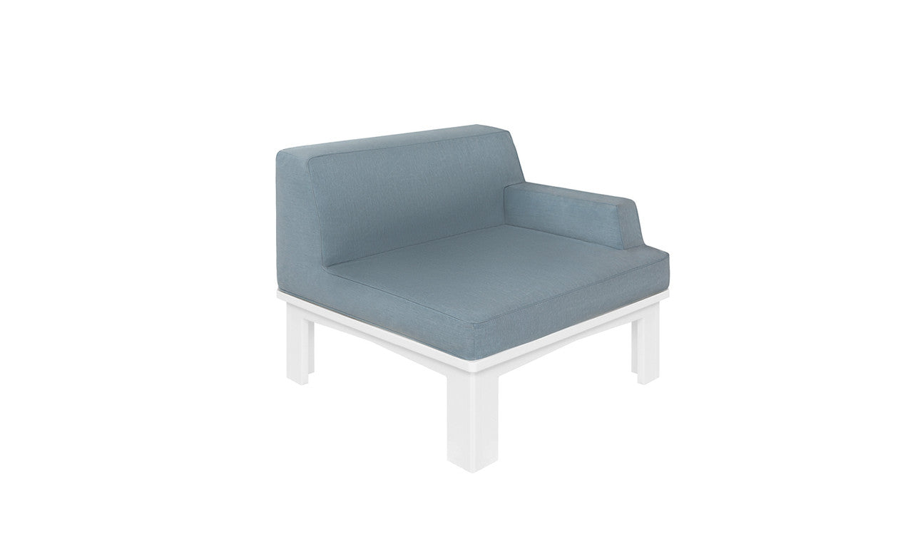 The Ledge Lounger Mainstay Sectional Right Armchair features a sleek, minimalist design with a light blue cushioned seat and backrest. It includes a small armrest on one side and is supported by a sturdy white frame and legs, enhancing its modern aesthetic.