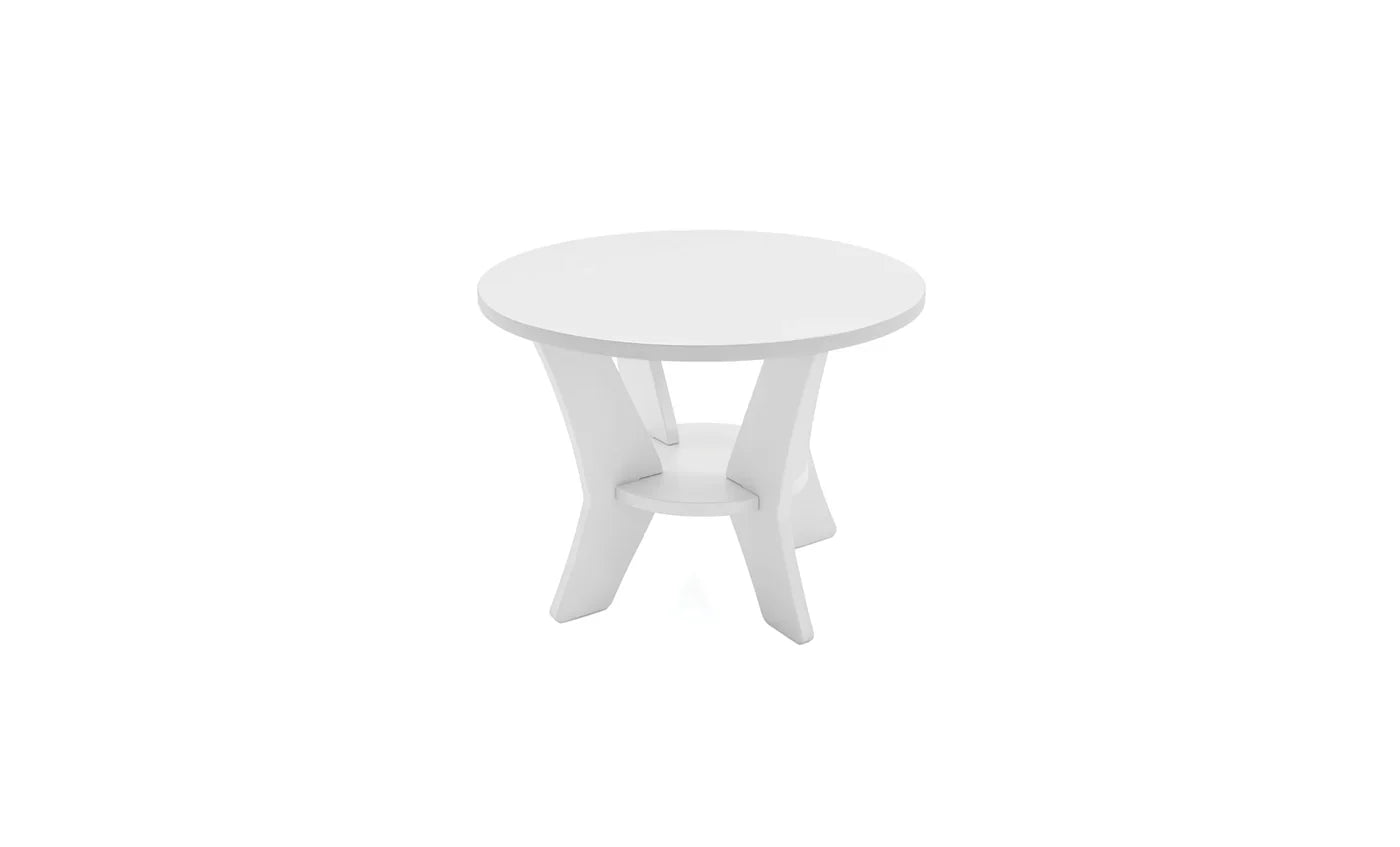 The Ledge Lounger Mainstay Round Side Table features four angled legs joined by a lower circular shelf, shown against a plain white background.