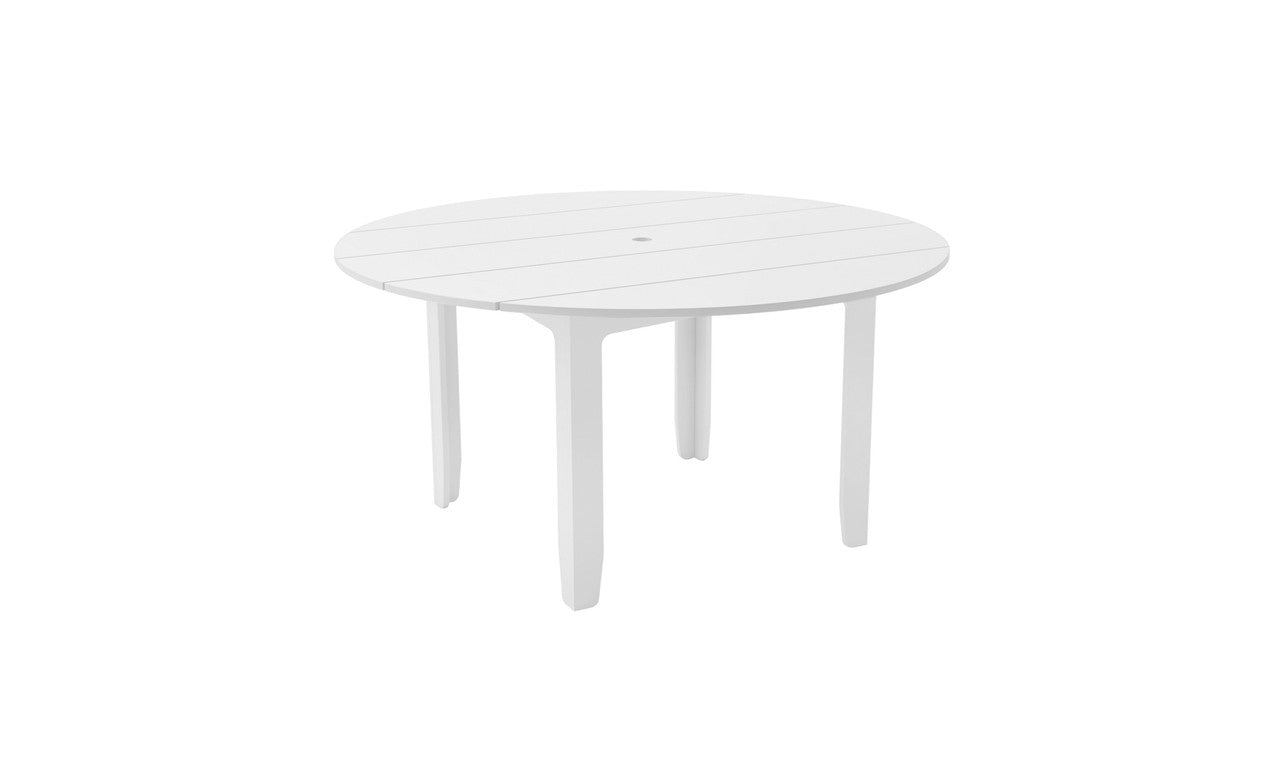 The Mainstay Round Dining Table by Ledge Lounger features a slatted surface and four sturdy legs, ideal for outdoor dining. It includes a built-in umbrella sleeve in the center for shade on sunny days.