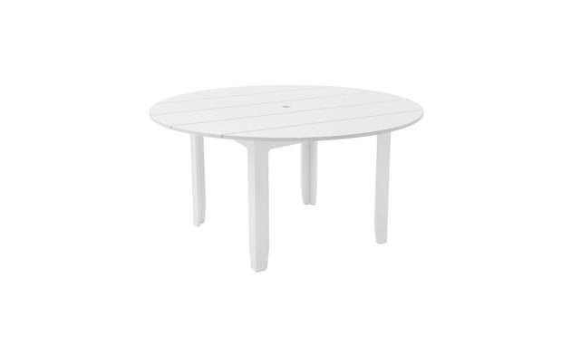 The Mainstay Round Dining Table by Ledge Lounger features a slatted surface and four sturdy legs, ideal for outdoor dining. It includes a built-in umbrella sleeve in the center for shade on sunny days.