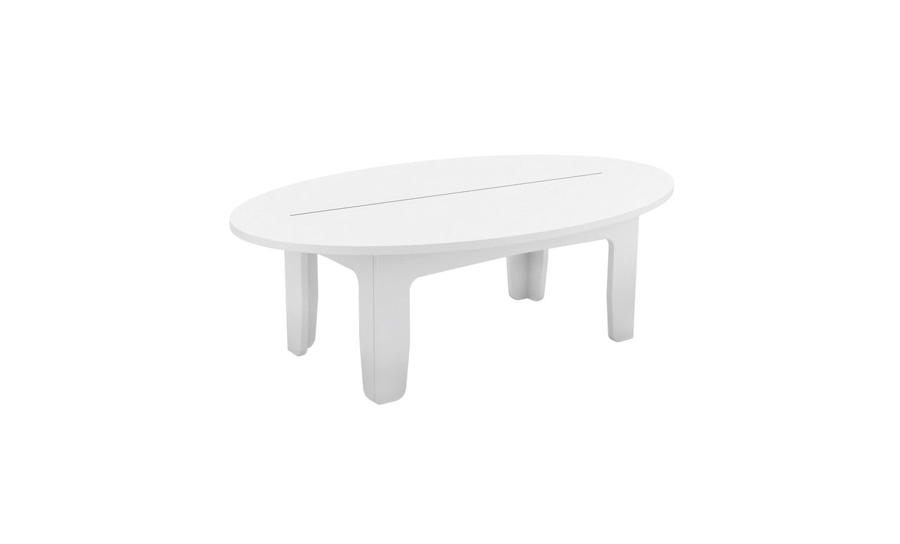 The Mainstay Oval Coffee Table by Ledge Lounger boasts a sleek white design with four sturdy legs. Perfect for contemporary interiors or outdoor essentials, its modern aesthetic and durable surface make it an ideal choice.