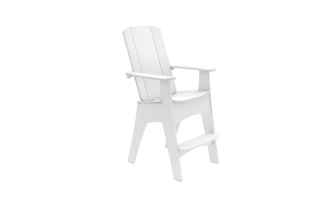 A white lifeguard chair with a tall backrest, armrests, and a step at the base. It is designed for elevated seating. The chair is positioned on a white background, emphasizing its clean, minimalist design.