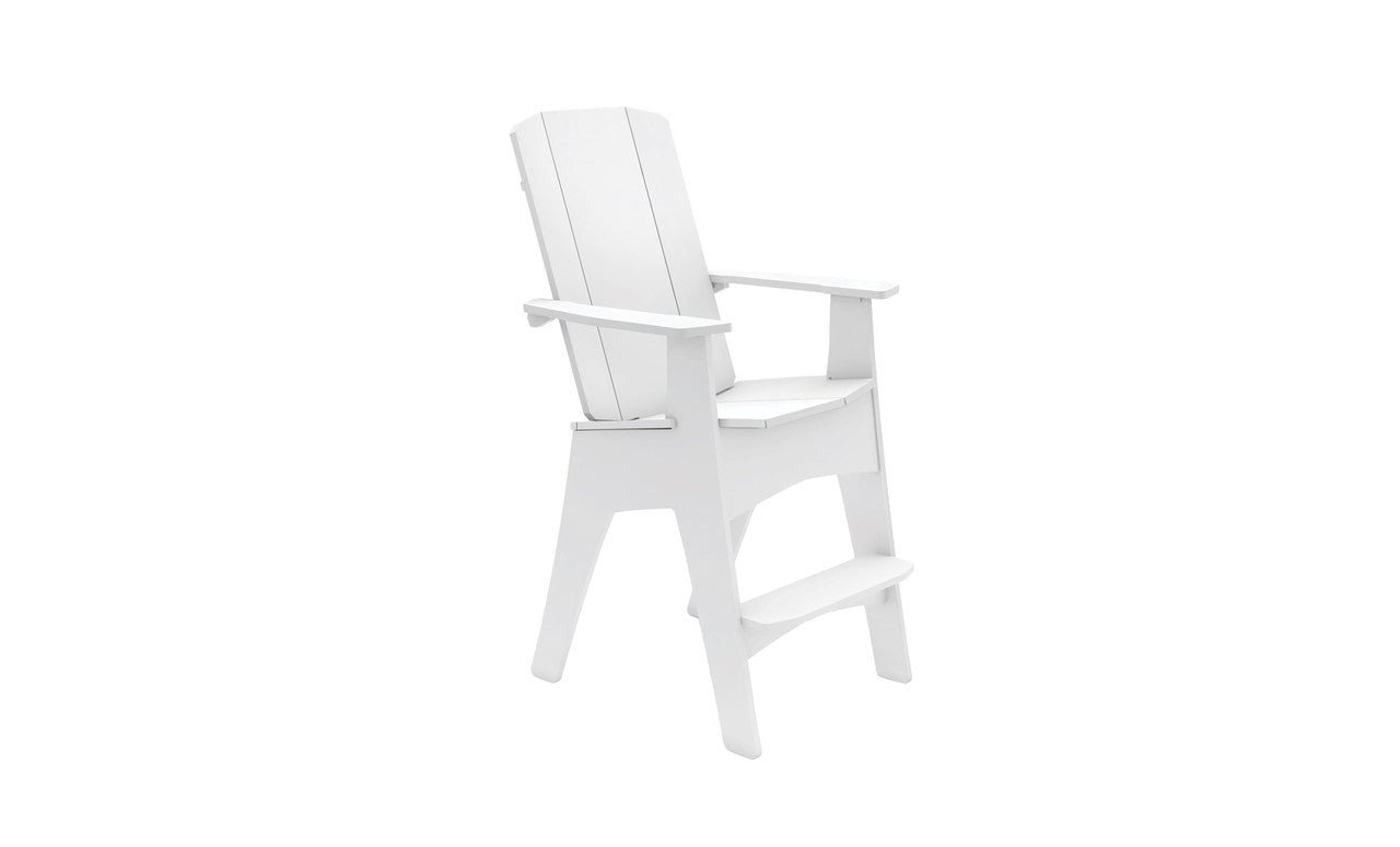 A white lifeguard chair with a tall backrest, armrests, and a step at the base. It is designed for elevated seating. The chair is positioned on a white background, emphasizing its clean, minimalist design.
