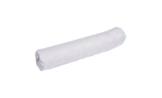 The Ledge Lounger Laze Doodle bolster pillow features a light gray pattern on smooth fabric, elegantly showcased against a plain white background to reveal its full cylindrical shape.