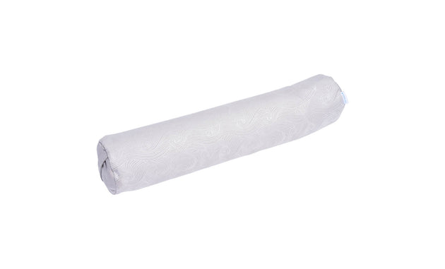 The Ledge Lounger Laze Doodle bolster pillow features a light gray pattern on smooth fabric, elegantly showcased against a plain white background to reveal its full cylindrical shape.