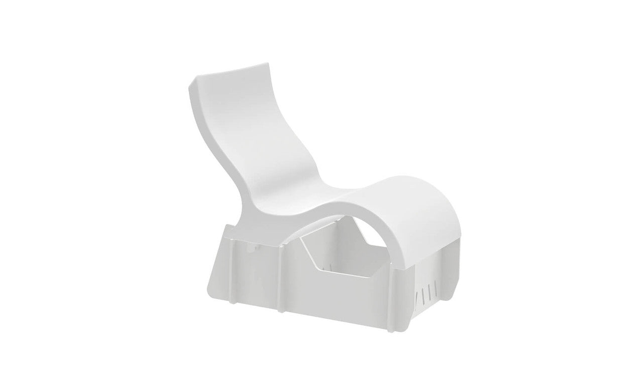 The Signature Lowback Chair Riser by Ledge Lounger is a modern white plastic lounger with a curved, ergonomic design and hollow base, perfect for in-pool seating. Its minimalist style includes open sections in the base for easy water drainage.