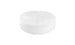 A round, white upholstered ottoman with a button-tufted center detail, reminiscent of Ledge Loungers Signature Round Sunbed, is displayed on a plain white background.