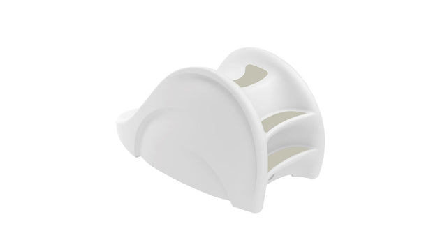 The Ledge Lounger Signature Slide is a chic and functional poolside accessory with a modern, white curved design featuring three arched slots for napkins. It enhances any table setting with elegance against a plain white background.