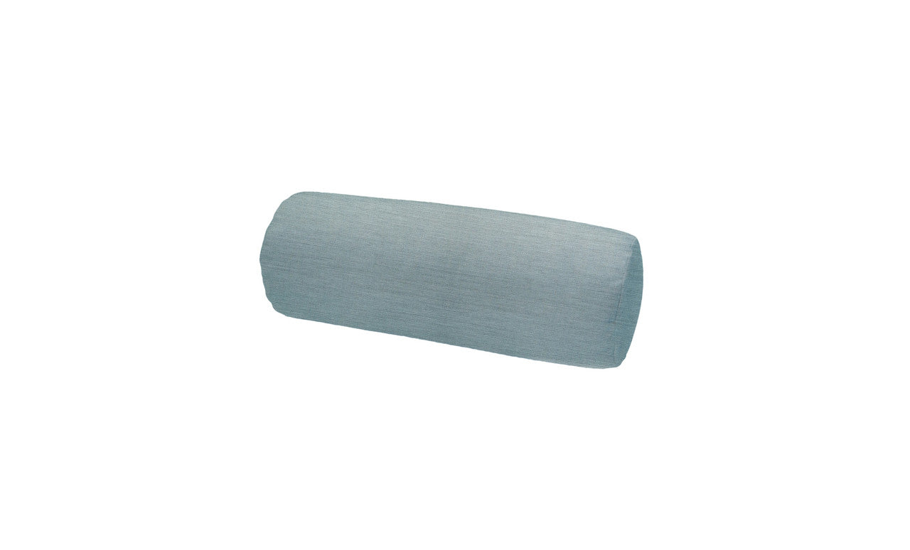 Displayed on a plain white background, the light blue cylindrical Round Bolster Throw Pillow by Ledge Lounger features a smooth fabric texture. As part of our customizable collection, it combines elegance and comfort to enhance any space.