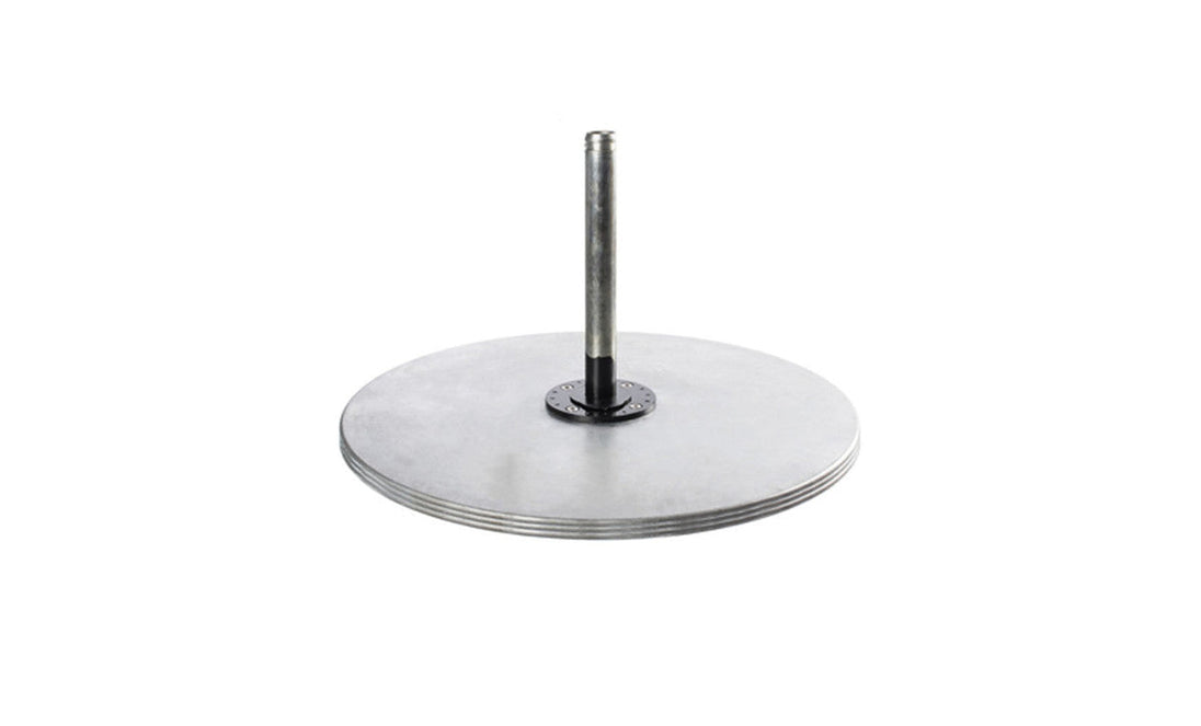 The Ledge Lounger Galvanized Steel Plate Stack Cantilever Base neatly supports a stack of sleek weight plates on a metal rod, set against a plain white background.