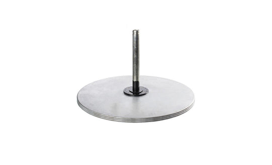 The Ledge Lounger Galvanized Steel Plate Stack Cantilever Base neatly supports a stack of sleek weight plates on a metal rod, set against a plain white background.