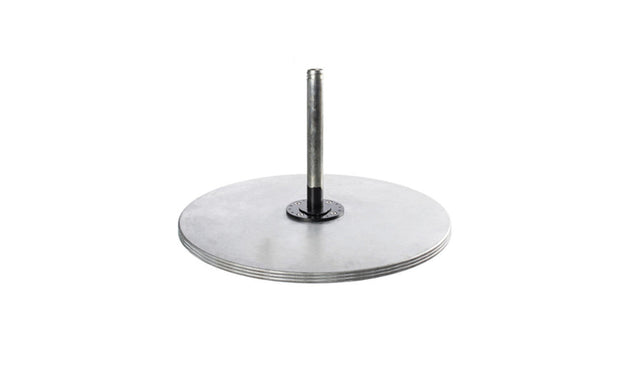 The Ledge Lounger Galvanized Steel Plate Stack Cantilever Base neatly supports a stack of sleek weight plates on a metal rod, set against a plain white background.