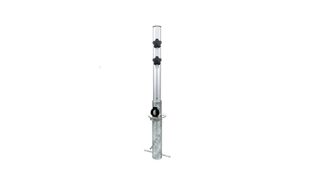 The Ledge Lounger In-Ground Umbrella Mount is a silver adjustable metal support rod for center pole umbrellas, featuring two black adjustment knobs and a cylindrical base with stabilizing rods. Its sophisticated design makes it perfect for blending into any outdoor setting.