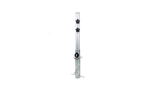 The Ledge Lounger In-Ground Umbrella Mount is a silver adjustable metal support rod for center pole umbrellas, featuring two black adjustment knobs and a cylindrical base with stabilizing rods. Its sophisticated design makes it perfect for blending into any outdoor setting.