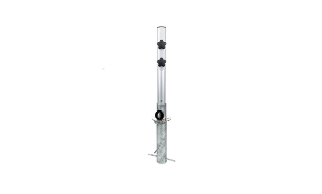 The Ledge Lounger In-Ground Umbrella Mount is a silver adjustable metal support rod for center pole umbrellas, featuring two black adjustment knobs and a cylindrical base with stabilizing rods. Its sophisticated design makes it perfect for blending into any outdoor setting.