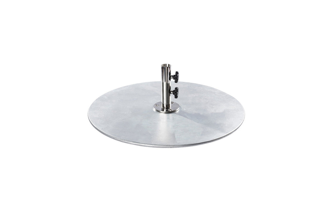The Ledge Lounger Galvanized Steel Stack Umbrella Base is a round silver base with a cylindrical holder, featuring two adjustable knobs for securing center pole umbrellas, ensuring stability and compatibility with traditional designs.
