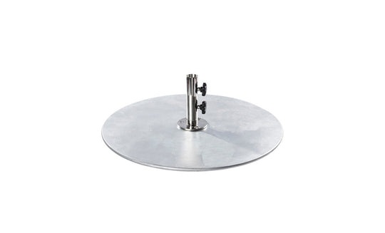 The Ledge Lounger Galvanized Steel Stack Umbrella Base is a round silver base with a cylindrical holder, featuring two adjustable knobs for securing center pole umbrellas, ensuring stability and compatibility with traditional designs.