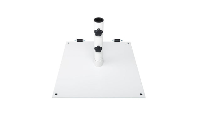 The Steel Plate Umbrella Base by Ledge Lounger features a central vertical pole with two adjustable black knobs for height and a stable white metal stand. The base has corner holes for secure mounting, and its powder-coated finish ensures durability.