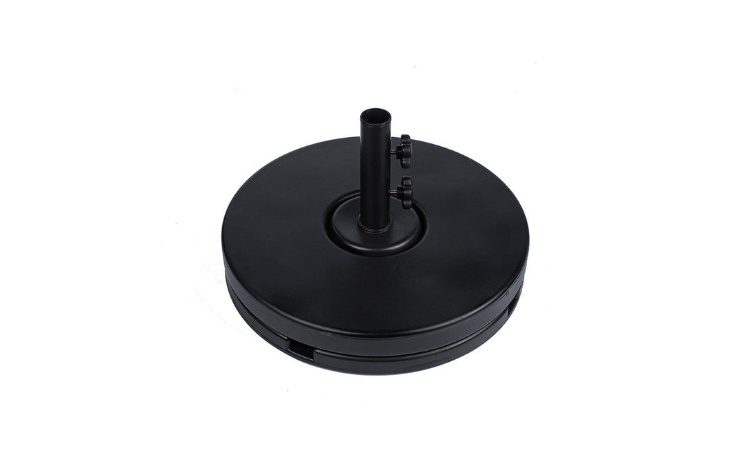 The Ledge Lounger Resin Coated Concrete Umbrella Base is smooth and flat with a black finish. It includes a central pole holder and two tightening knobs, ensuring stability for center pole umbrellas to enhance your outdoor dining experience.