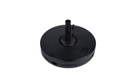 The Ledge Lounger Resin Coated Concrete Umbrella Base is smooth and flat with a black finish. It includes a central pole holder and two tightening knobs, ensuring stability for center pole umbrellas to enhance your outdoor dining experience.