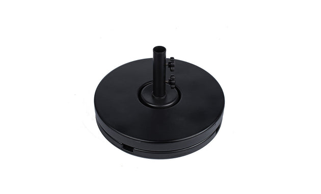 The Ledge Lounger Resin Coated Concrete Umbrella Base is smooth and flat with a black finish. It includes a central pole holder and two tightening knobs, ensuring stability for center pole umbrellas to enhance your outdoor dining experience.