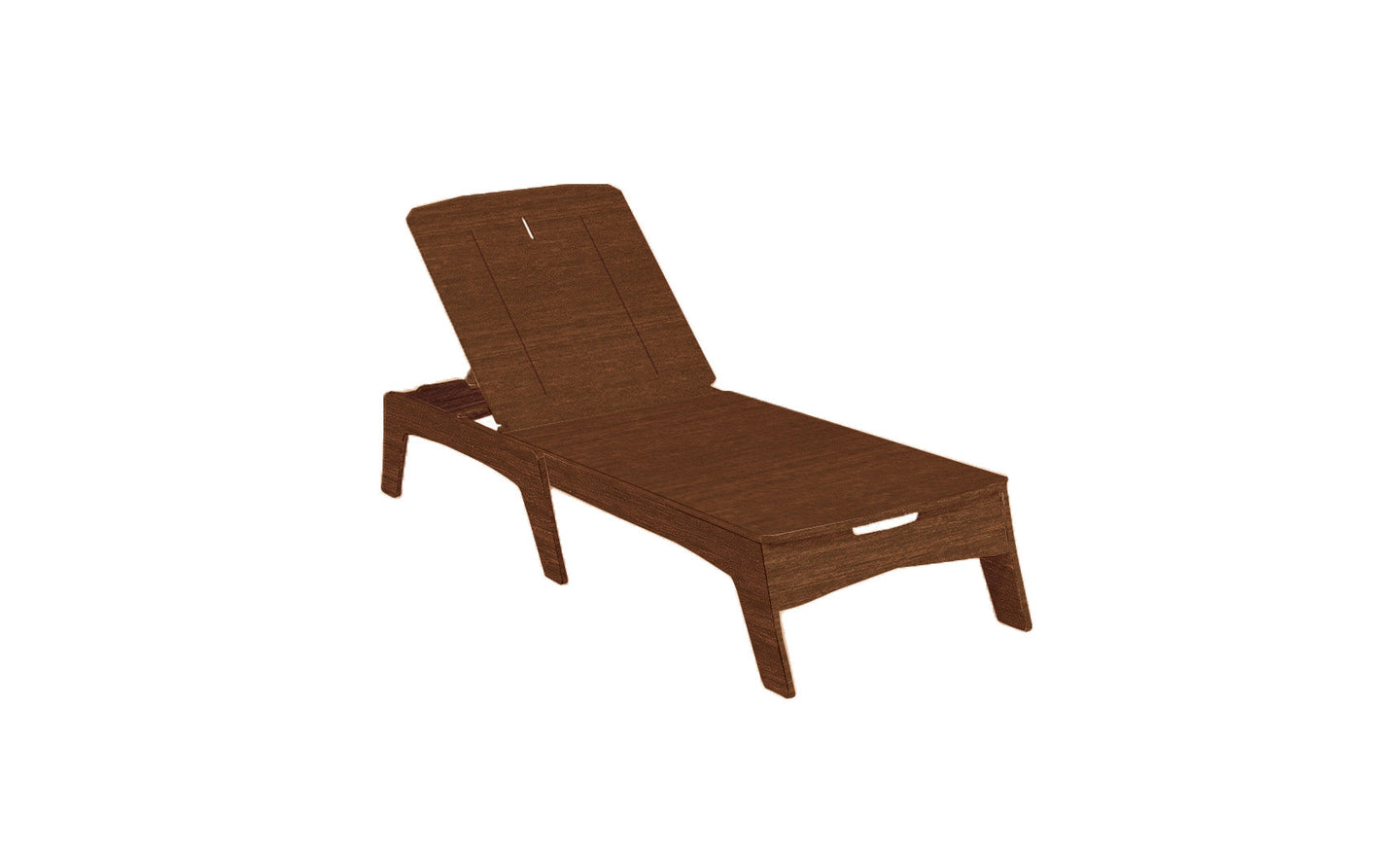 The Ledge Lounger Mainstay Chaise is a sleek, brown wooden lounge showcasing an adjustable backrest with versatile reclining options, set against a white backdrop for stylish outdoor relaxation.