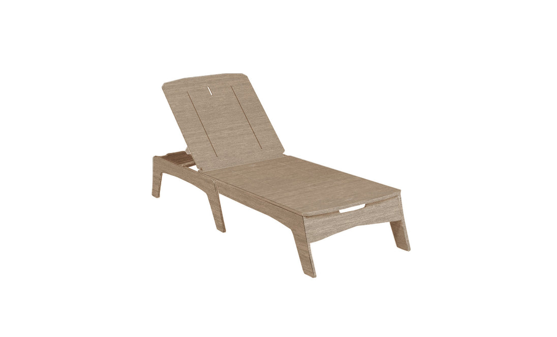 The Ledge Lounger Mainstay Chaise, featuring a slatted design, includes an adjustable backrest with multiple reclining positions. Its sturdy, minimalist wooden frame stands elegantly against a plain white background.