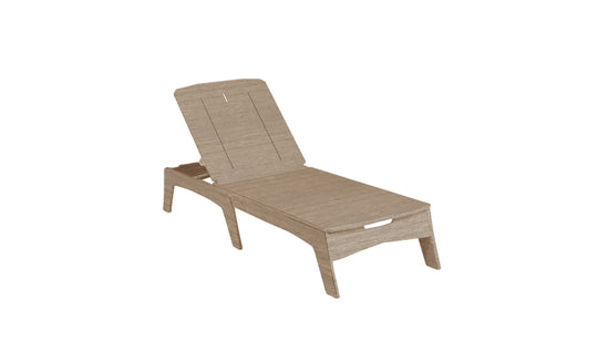 The Ledge Lounger Mainstay Chaise, featuring a slatted design, includes an adjustable backrest with multiple reclining positions. Its sturdy, minimalist wooden frame stands elegantly against a plain white background.