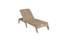 The Ledge Lounger Mainstay Chaise, featuring a slatted design, includes an adjustable backrest with multiple reclining positions. Its sturdy, minimalist wooden frame stands elegantly against a plain white background.