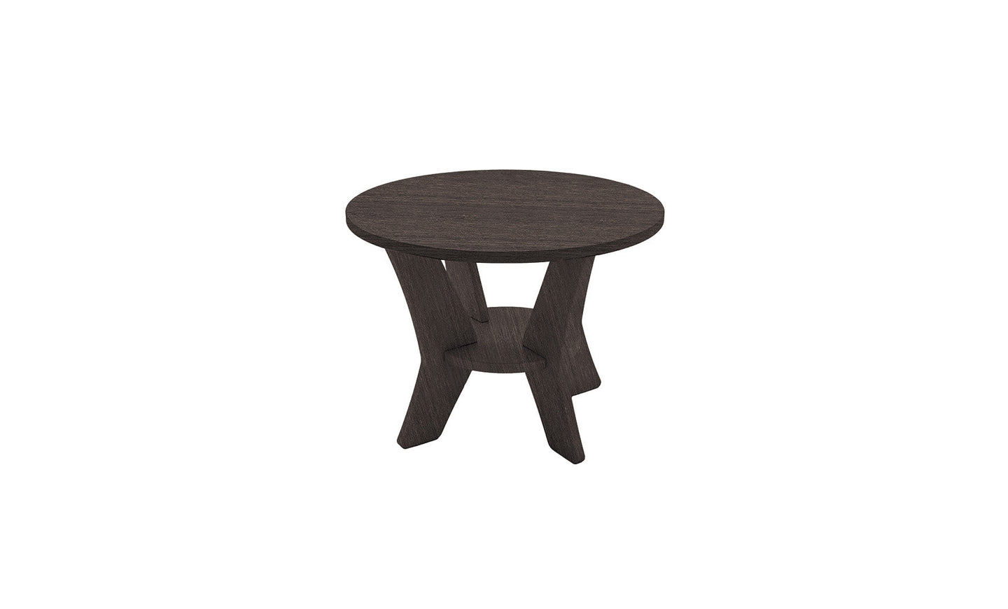 The Mainstay Round Side Table by Ledge Lounger features a small, dark wooden circular top and three angled legs connected at the base, making it perfect for adding a touch of minimalistic design to your outdoor space.