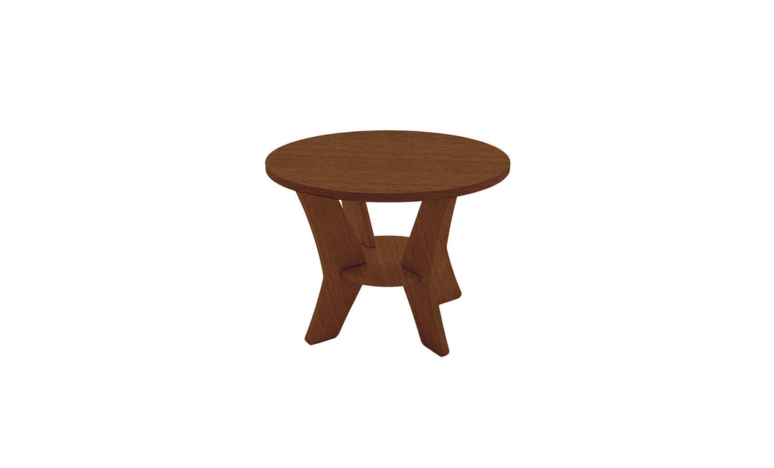 The Mainstay Round Side Table by Ledge Lounger boasts a minimalistic design with a small round wooden top and three angled legs linked by a circular shelf, featuring a smooth finish perfect for any outdoor space.
