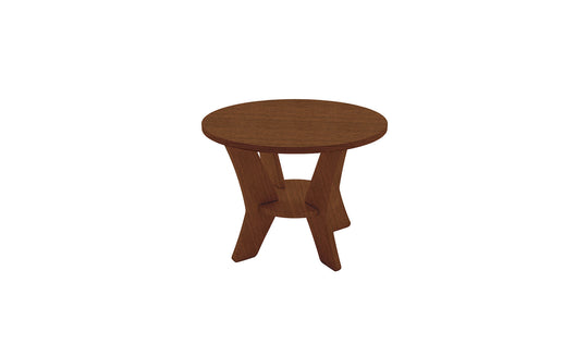 The Mainstay Round Side Table by Ledge Lounger boasts a minimalistic design with a small round wooden top and three angled legs linked by a circular shelf, featuring a smooth finish perfect for any outdoor space.