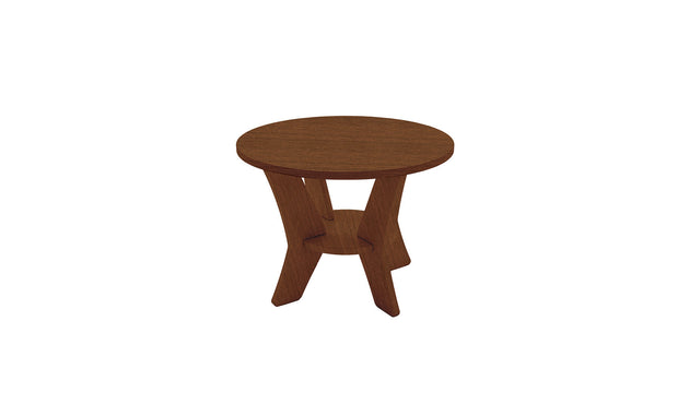 The Mainstay Round Side Table by Ledge Lounger boasts a minimalistic design with a small round wooden top and three angled legs linked by a circular shelf, featuring a smooth finish perfect for any outdoor space.