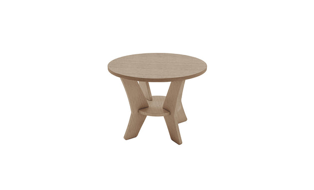 The Mainstay Round Side Table by Ledge Lounger, ideal for outdoor settings, features a minimalistic design with three curved legs and a circular lower support. Its light wood finish elegantly showcases the grain texture against a plain white background.