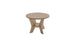 The Mainstay Round Side Table by Ledge Lounger, ideal for outdoor settings, features a minimalistic design with three curved legs and a circular lower support. Its light wood finish elegantly showcases the grain texture against a plain white background.