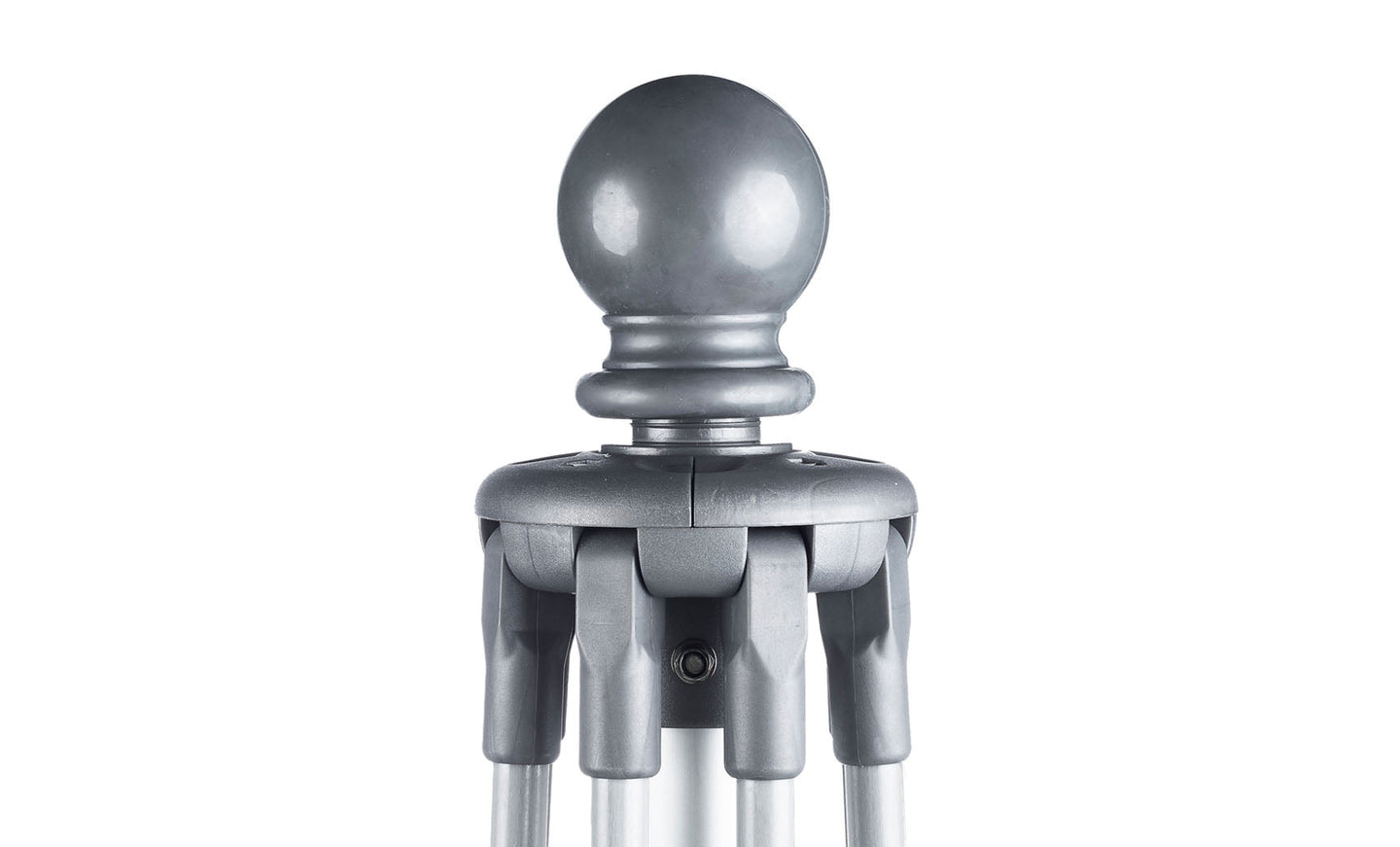 Close-up of a grey, spherical object resembling the round top of the Ledge Lounger Essential Fiberglass Umbrella - 8.5 Rectangle Pulley, featuring a cylindrical base secured by metallic prongs. The white backdrop highlights its wind-resistant design.