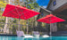 Two wind-resistant Premier Aluminum Umbrellas by Ledge Lounger shade modern white loungers partially submerged in water poolside. A house with a stone and wood exterior is surrounded by trees under a clear blue sky in the background.