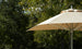 The Ledge Lounger Premier Aluminum Umbrella - 7.5 Octagon Pulley, crafted with marine-grade fabrics and a wind-resistant design, is open for shade under lush green trees, set against a backdrop of towering foliage on a tranquil sunny day.