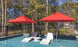 Two modern lounge chairs partially submerged in a shallow pool with a small round table holding two glasses. A Premier Aluminum Umbrella - 10 Square Pulley from Ledge Lounger provides shade. The pool is enclosed by a black metal fence, amidst trees and greenery.
