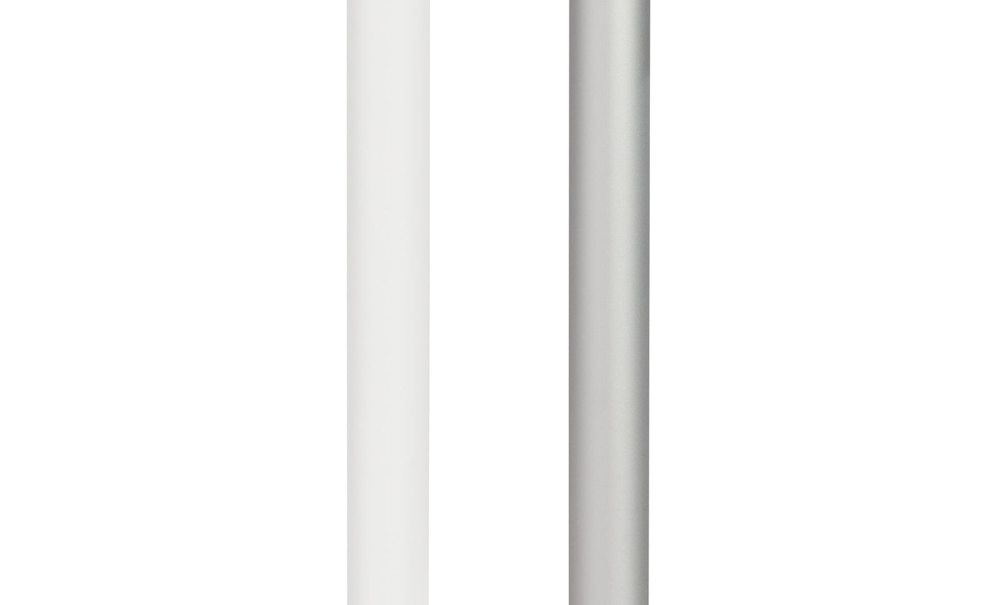 Two minimalist pencils stand vertically against a white background, one in crisp white and the other in metallic silver. Their sleek design echoes the sophistication of Ledge Loungers 6.5 Square Signature 360° Tilt Umbrella, combining simplicity with elegance.