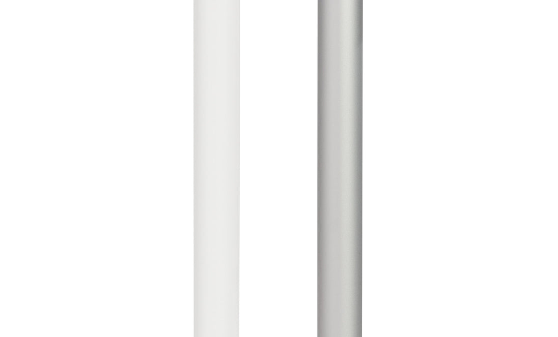 Two minimalist pencils stand vertically against a white background, one in crisp white and the other in metallic silver. Their sleek design echoes the sophistication of Ledge Loungers 6.5 Square Signature 360° Tilt Umbrella, combining simplicity with elegance.